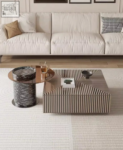 Modern rectangular evelyn coffee table set with geometric black and beige stripes and sleek metallic top perfect antique coffee table