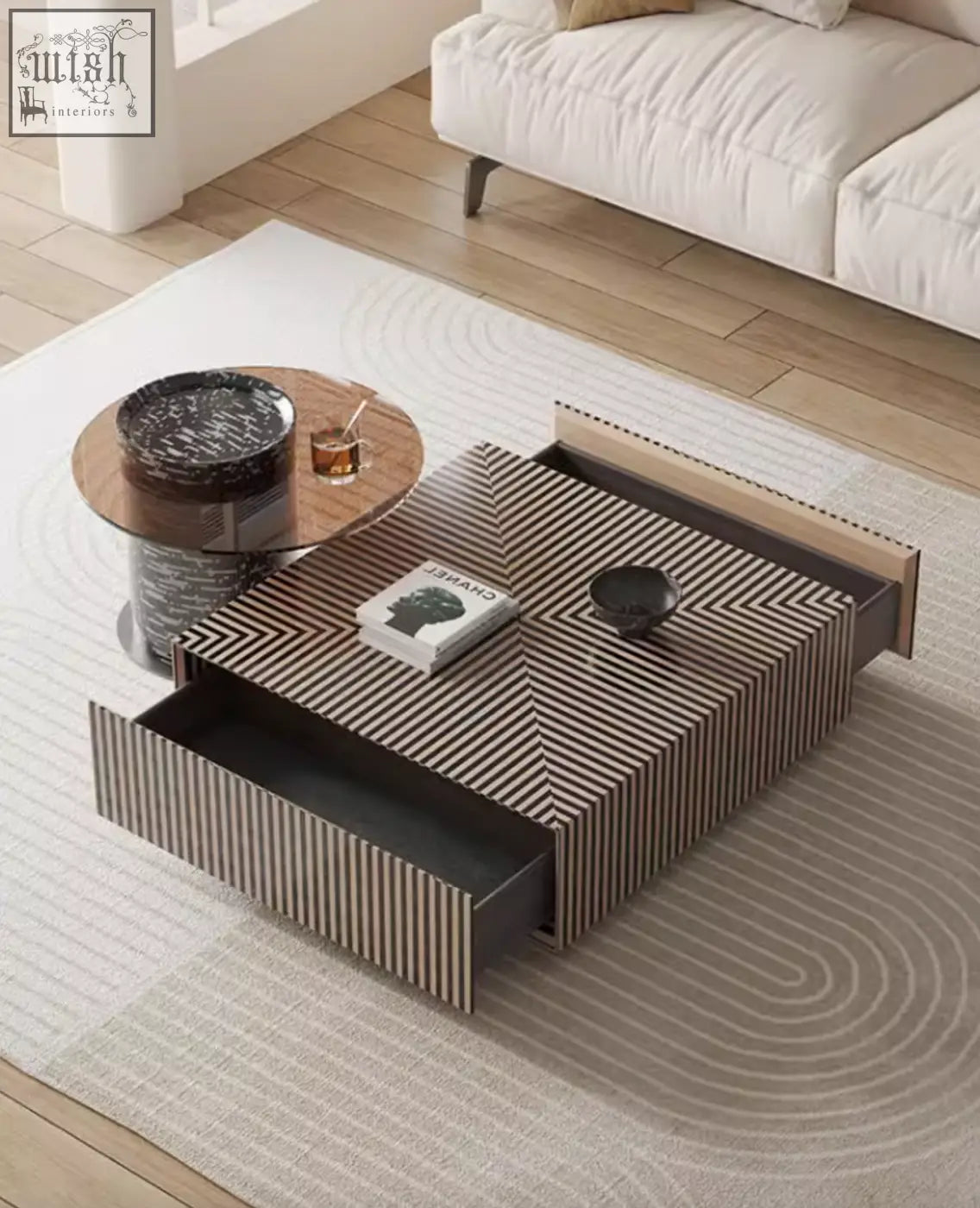 Modern rectangular evelyn coffee table with beige and black geometric stripes and open drawers dark interiors perfect for living rooms