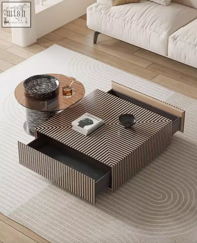Modern rectangular evelyn coffee table with beige and black geometric stripes and open drawers dark interiors perfect for living rooms