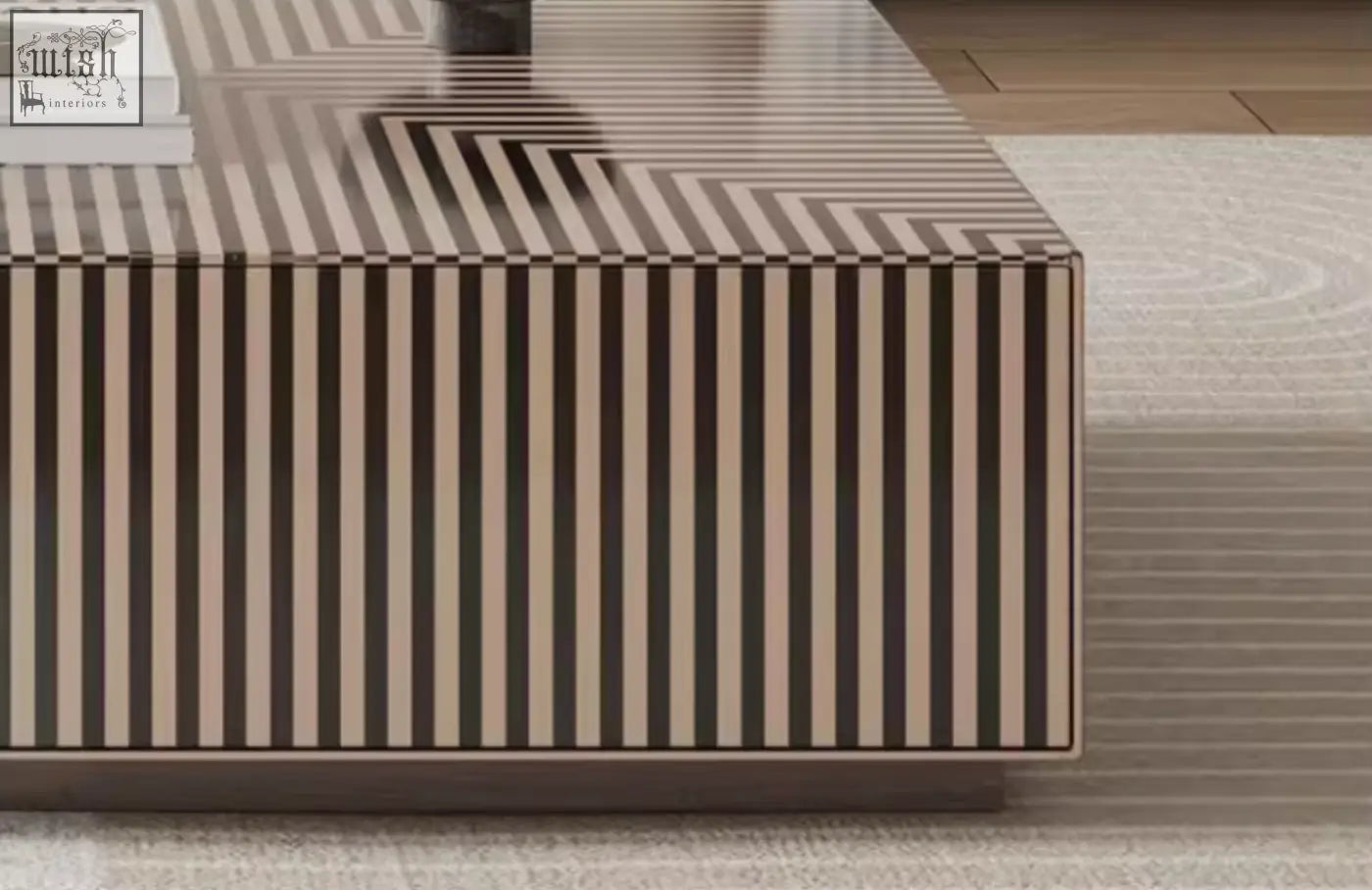 Modern rectangular evelyn coffee table with glossy black and beige stripes perfect as an exquisite antique coffee table