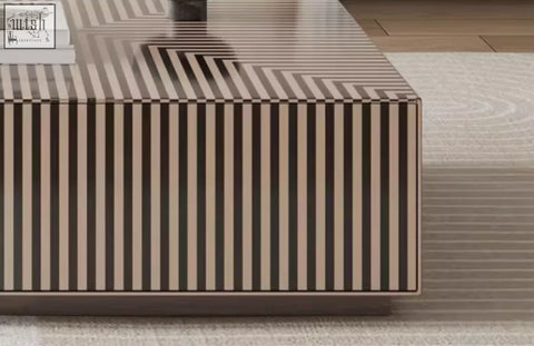 Modern rectangular evelyn coffee table with glossy black and beige stripes perfect as an exquisite antique coffee table