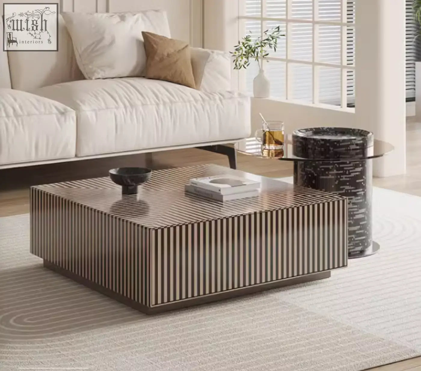 Evelyn coffee table set with modern rectangular coffee table featuring a glossy striped surface in warm brown tones