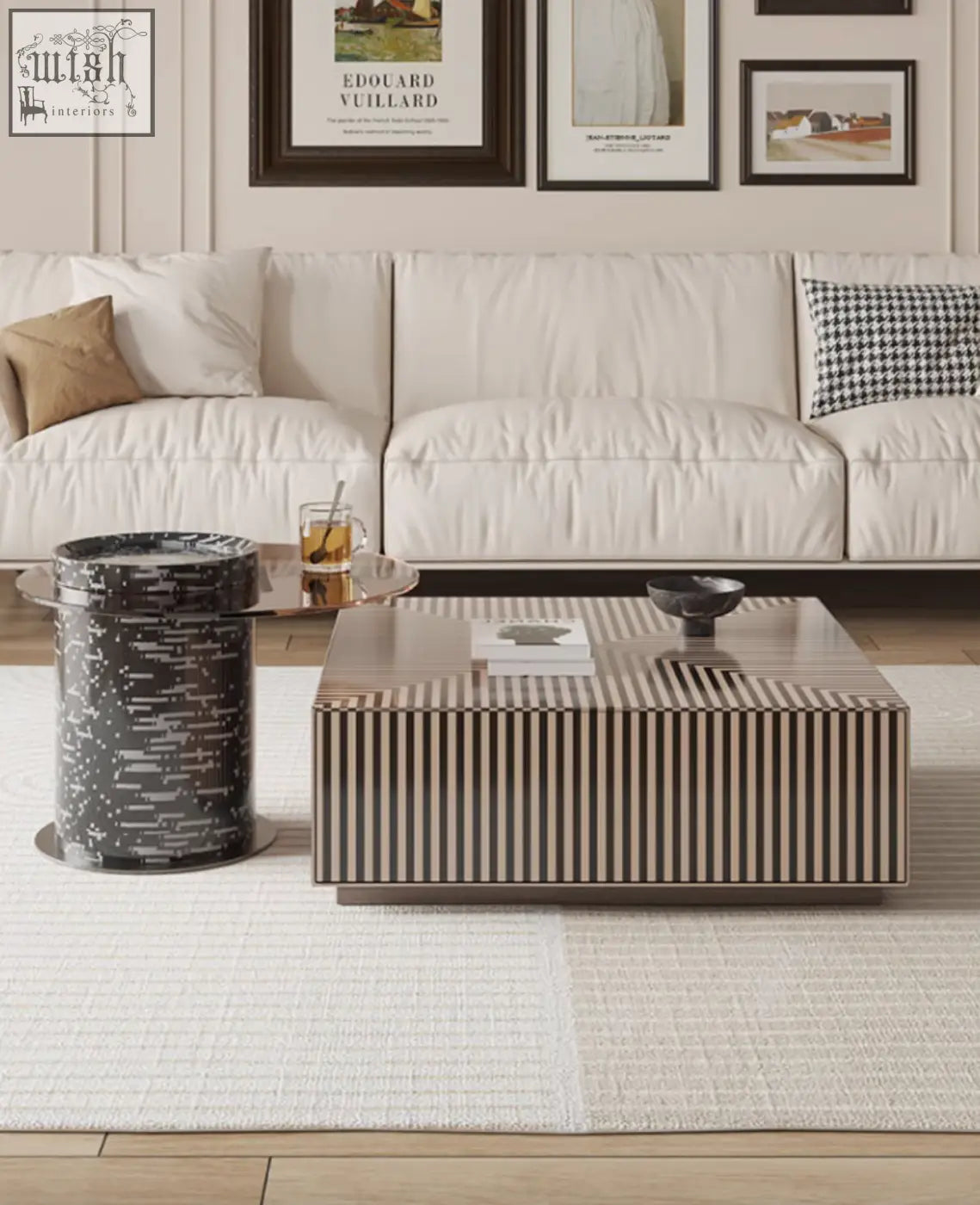 Evelyn coffee table set featuring a modern rectangular coffee table with glossy finish and brown beige stripes