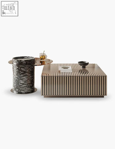 Modern rectangular evelyn coffee table set with sleek metallic finish and vertical striped pattern perfect as coffee table