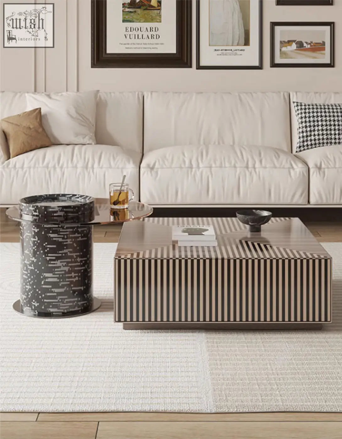 Modern rectangular evelyn coffee table with vertical wood grain stripes and glossy finish perfect antique coffee table