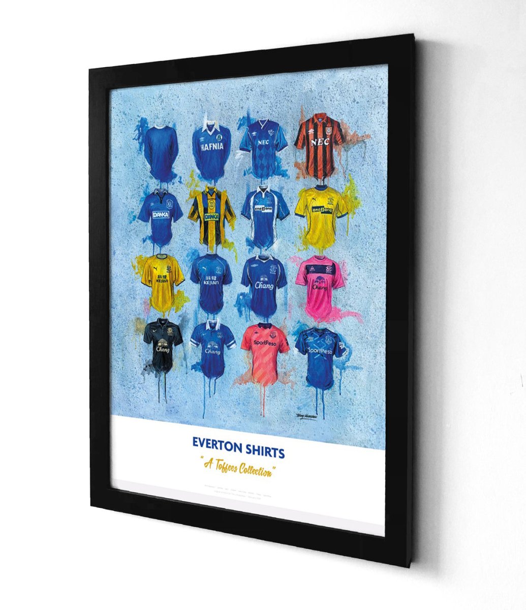 Framed limited edition print of everton fc shirts in various colors and designs on a textured blue background