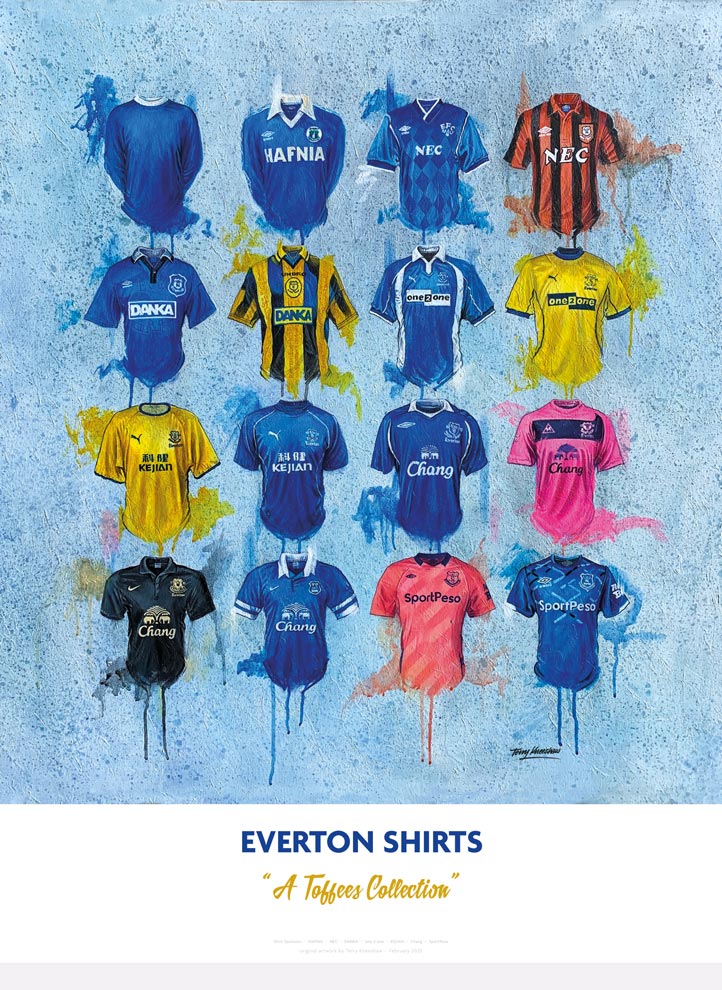A vibrant limited edition poster featuring everton fc shirts in various colors and designs signed a2 prints