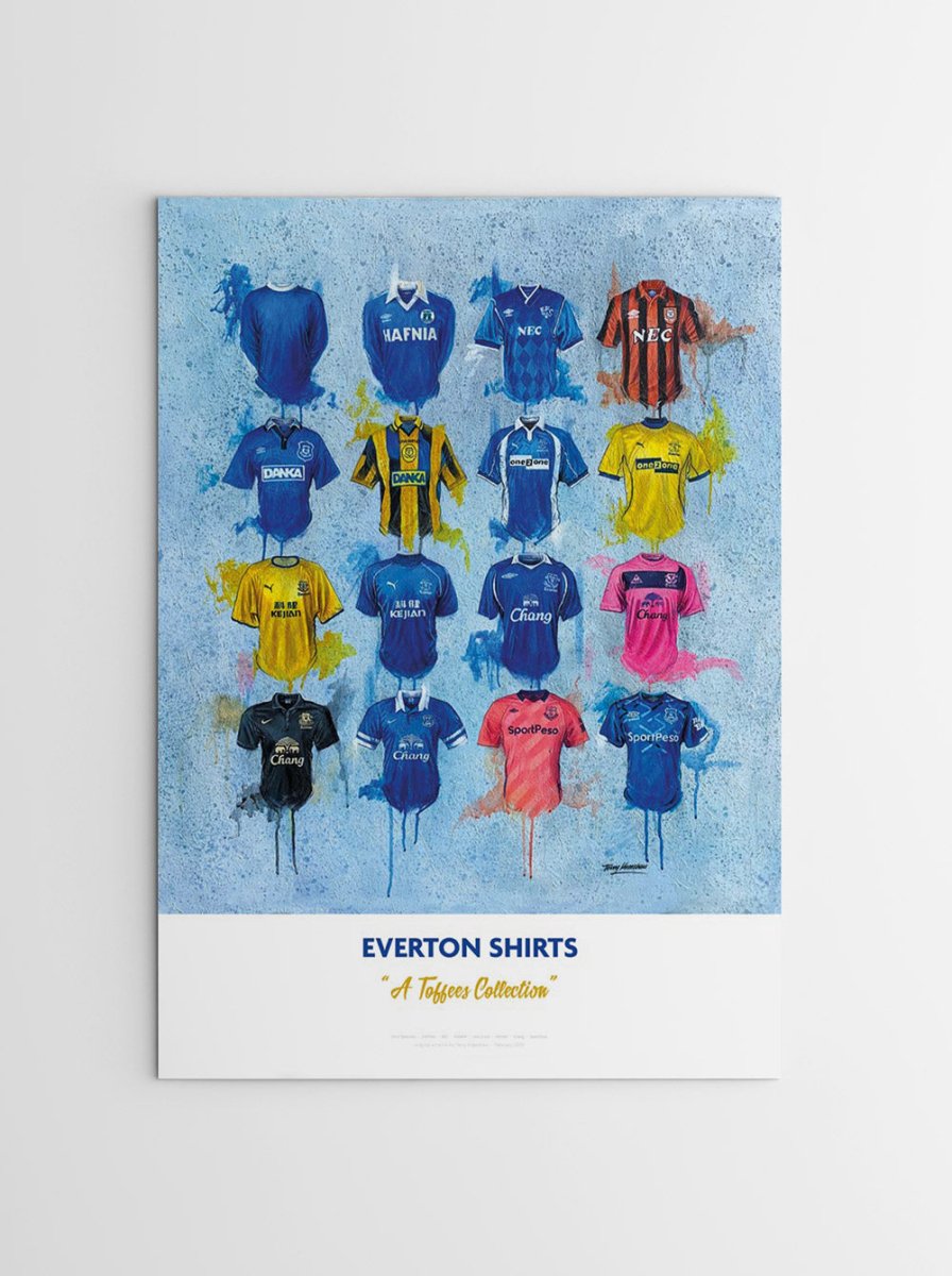 A vibrant artistic poster of everton fc shirts in various colors featuring a limited edition signed design