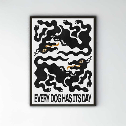 Black framed day print poster featuring stylized abstract black dogs with gold teeth and eyes on white background