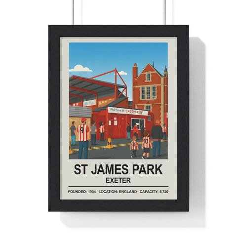 Black-framed poster of exeter st james park stadium print with stylized james park illustration in red cream buildings under blue sky