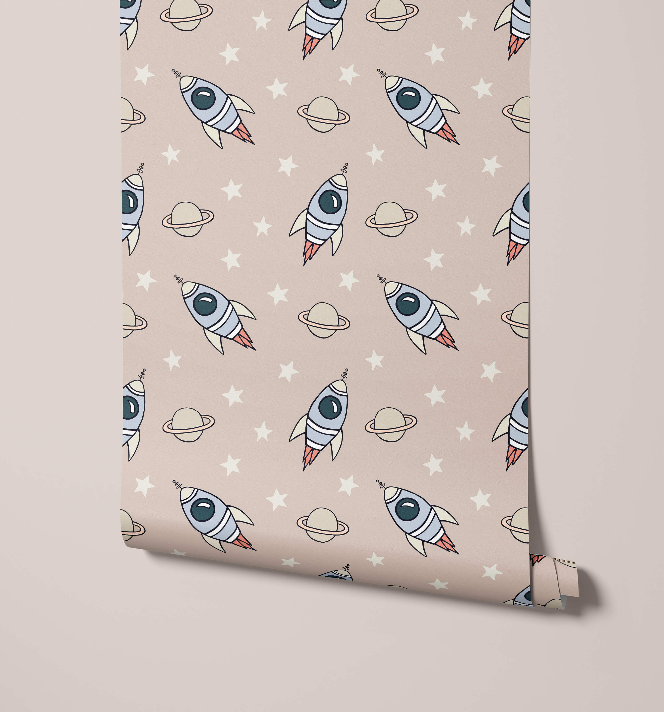Beige explorer wallpaper with a fun repeating pattern of cartoon rockets planets with rings and white stars