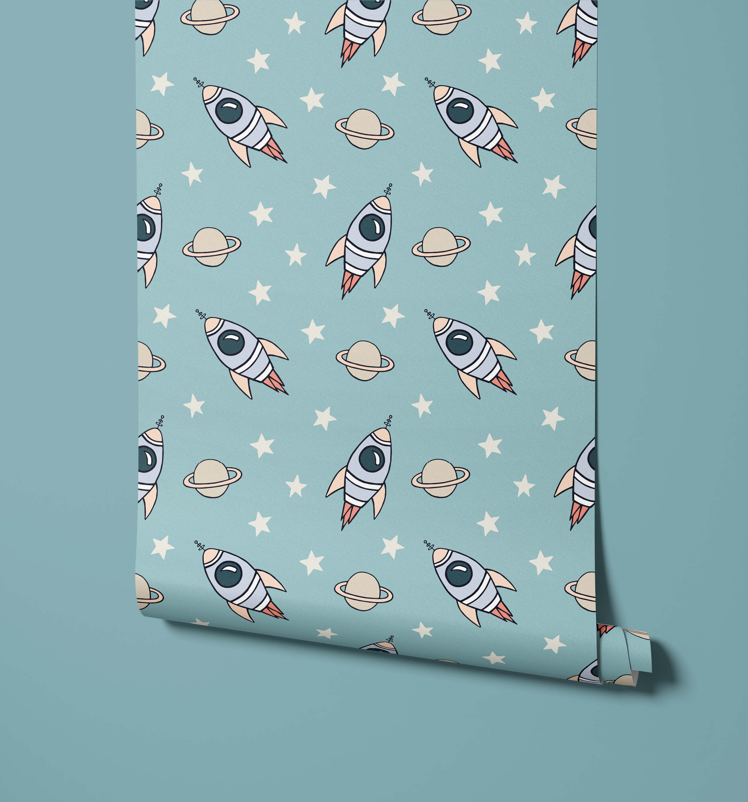 A roll of explorer light blue wallpaper with fun cartoon rockets planets with rings and white stars pattern