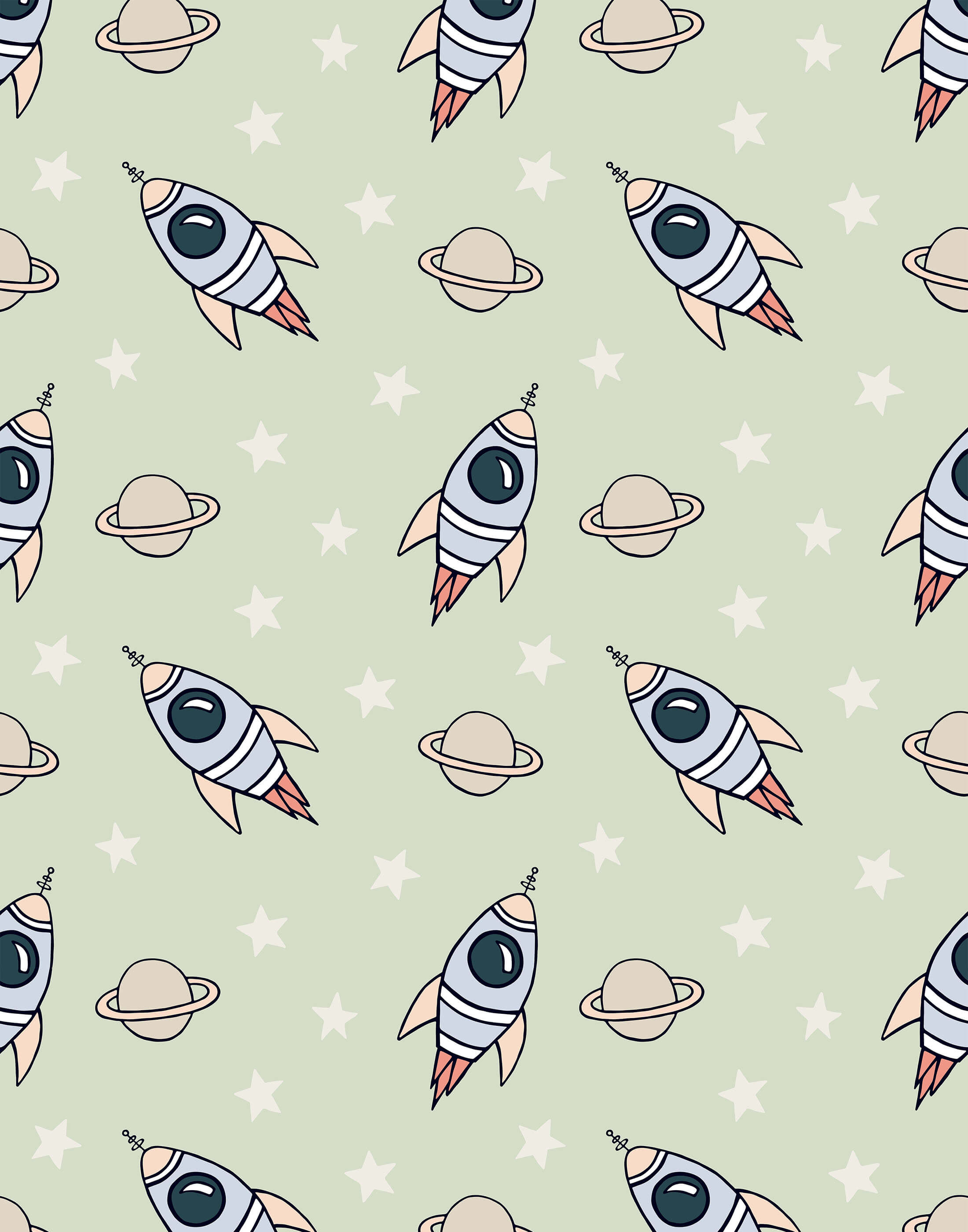 Explorer pattern with cartoon gray rockets red exhausts peach fins and planets on a soft mint green background