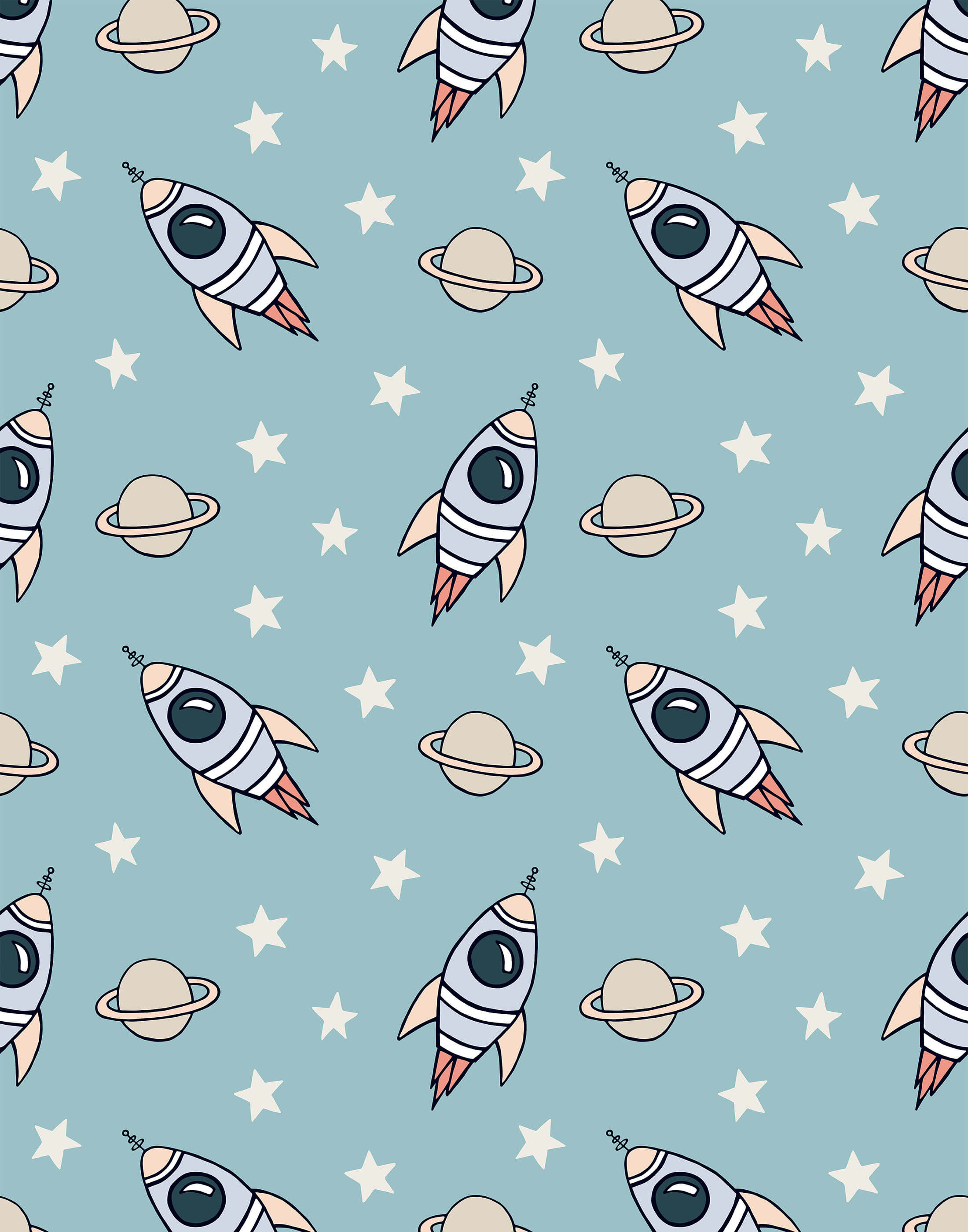 Cute explorer cartoon rockets with red flames and beige planets on a light blue background design