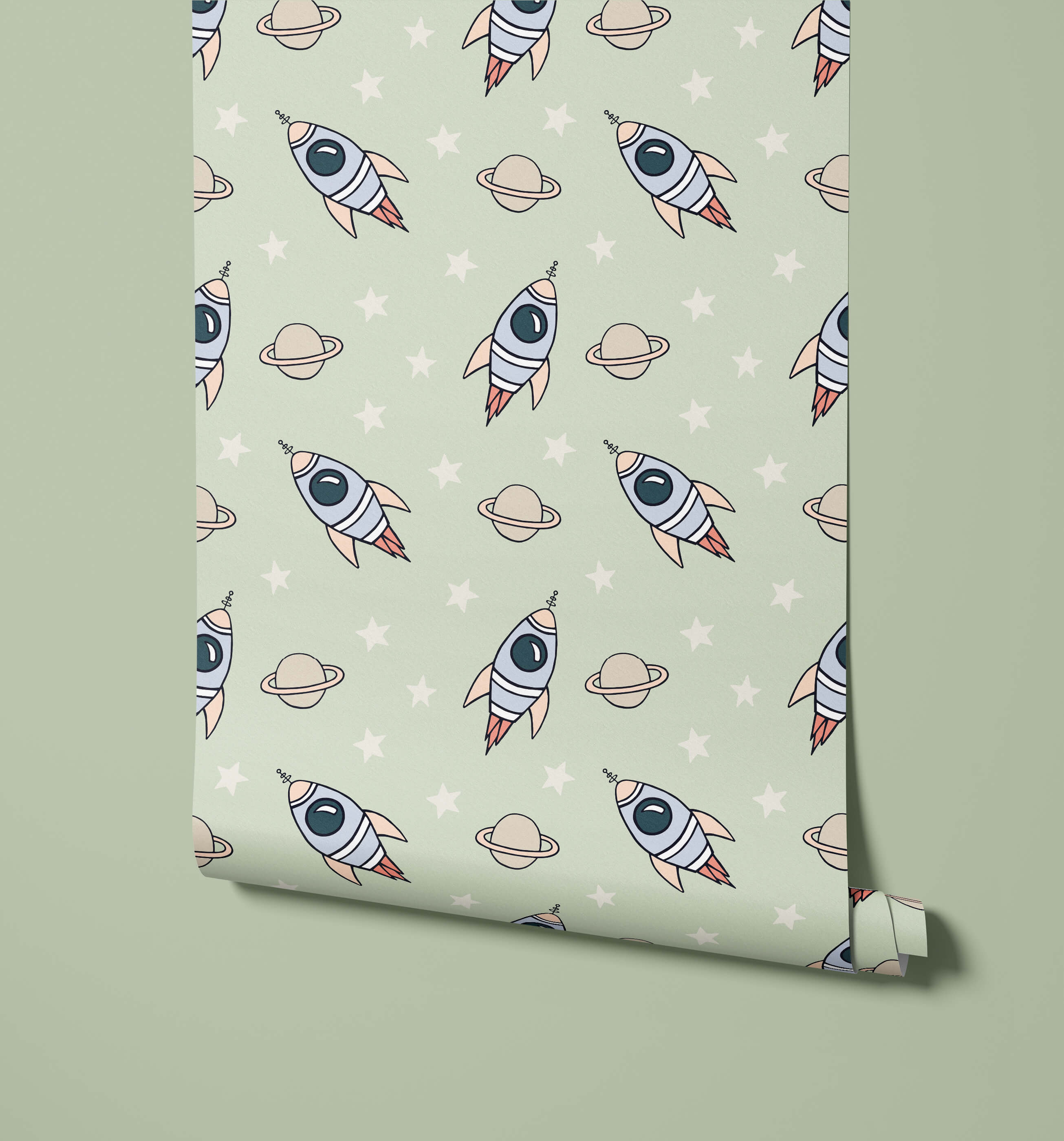 Explorer pastel green wallpaper with a cute repeating pattern of cartoon rockets and planets for kids rooms