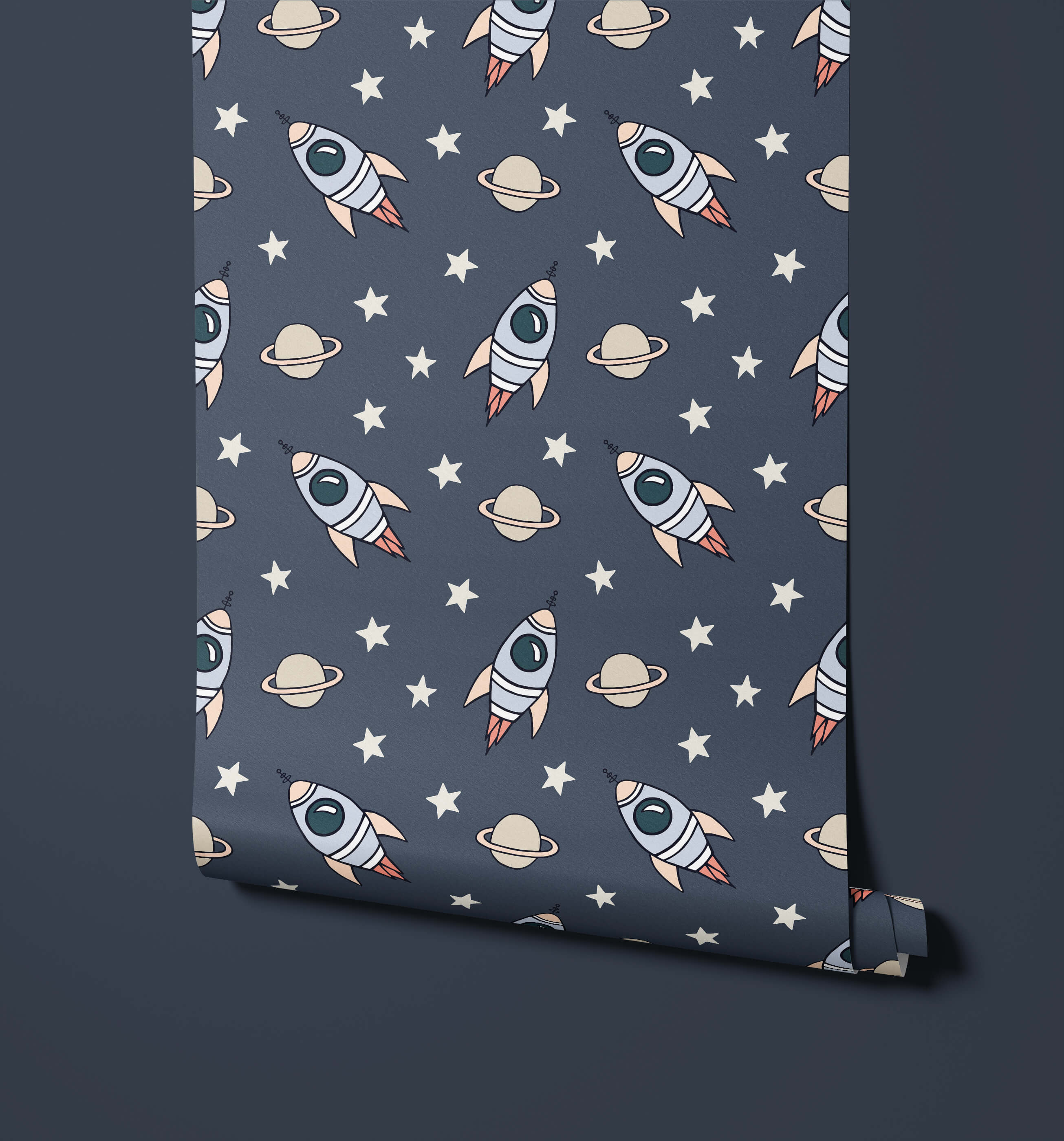 Explorer dark gray wallpaper with cartoon rockets planets with rings and white stars repeating pattern