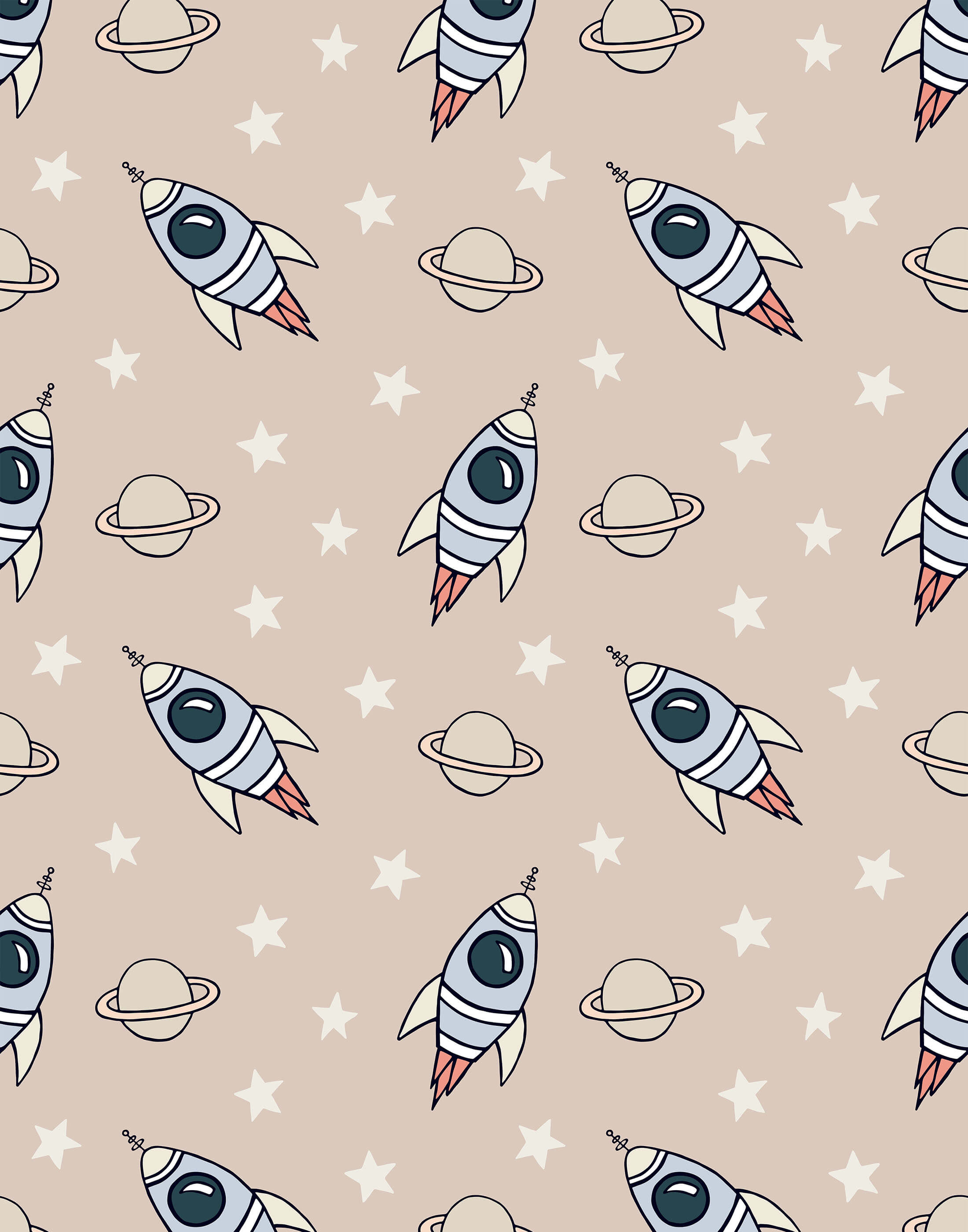 Pastel blue cartoon rocket with red flame and white fins on a beige starry background from explorer product line
