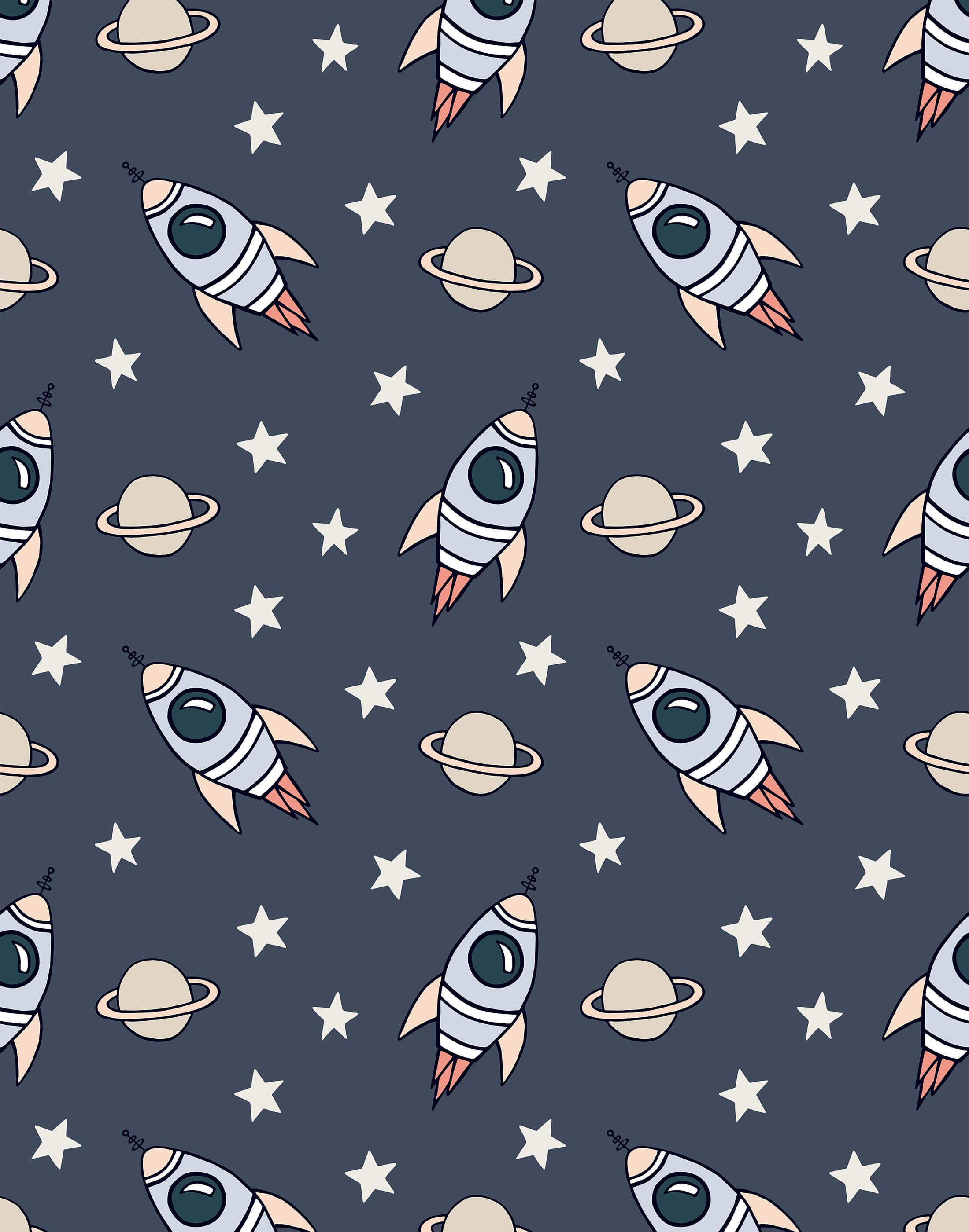 Explorer fabric with white cartoon rockets and orange flames on a dark blue background with beige planets