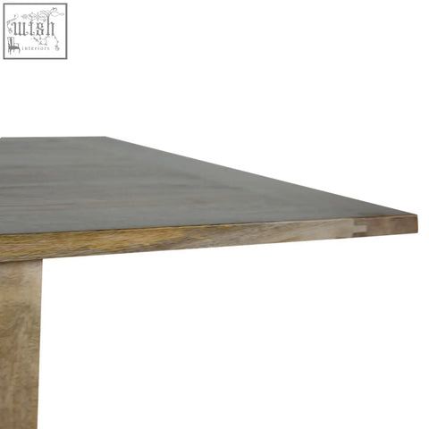 Extendable butterfly dining table with gray oak finish and rustic mango wood tabletop featuring natural edge detailing