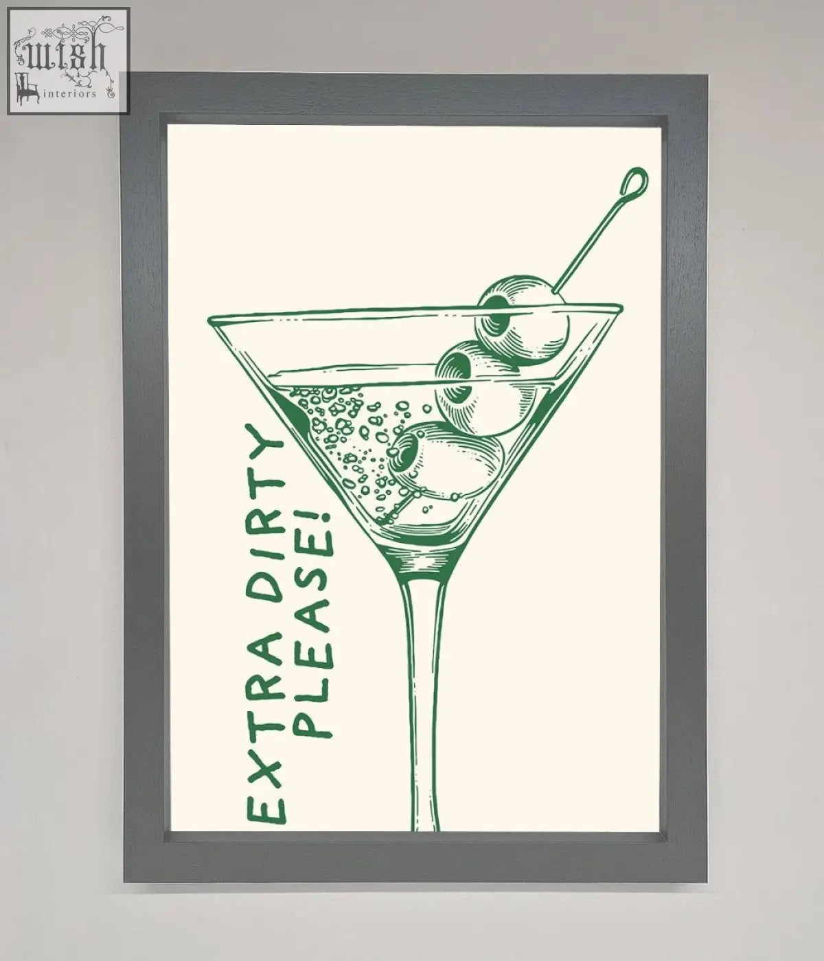 A framed poster with a martini glass and olives in green ink saying extra dirty please on off-white background perfect for cocktail culture