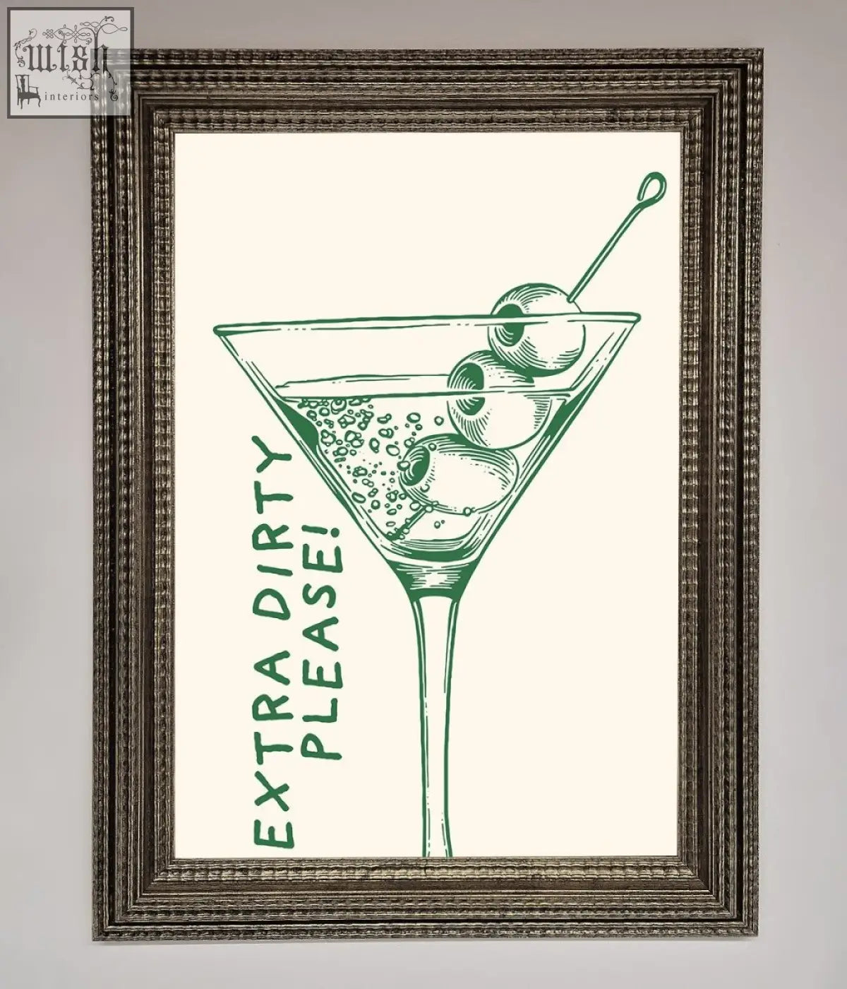 A framed poster featuring a green ink extra dirty martini glass illustration on cream paper for cocktail culture fans