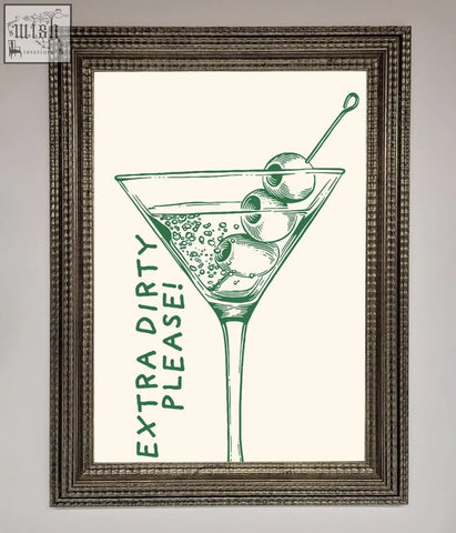 A framed poster featuring a green ink extra dirty martini glass illustration on cream paper for cocktail culture fans