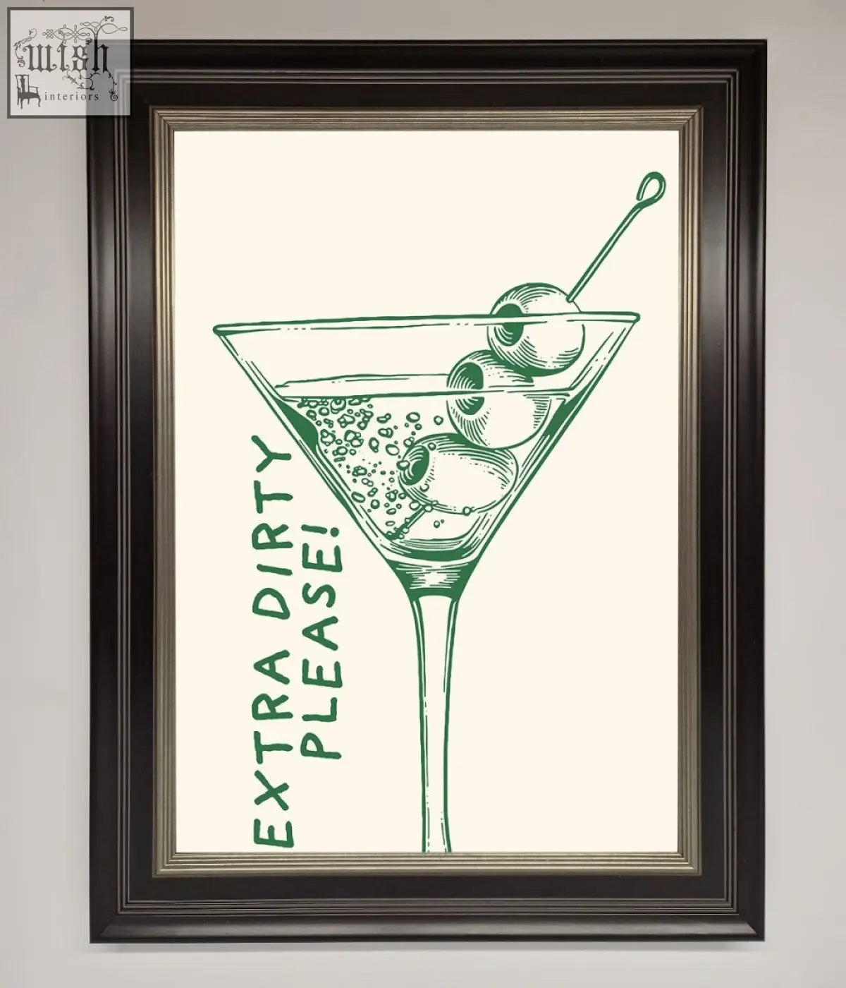 A framed poster featuring a green martini glass with olives and extra dirty text perfect for cocktail culture fans