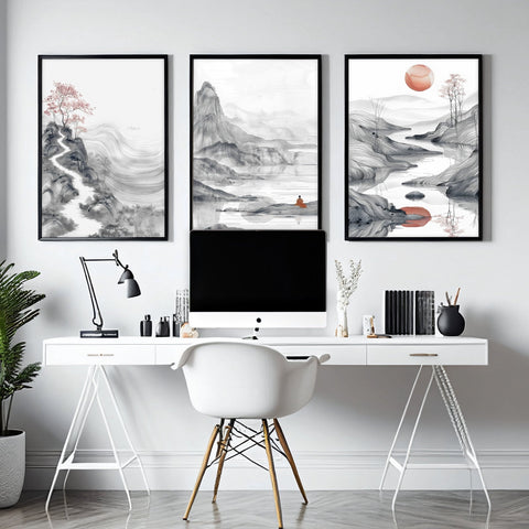 Extra Large Wall Art Framed | Set of 3 Asian Inspired Wall art Prints