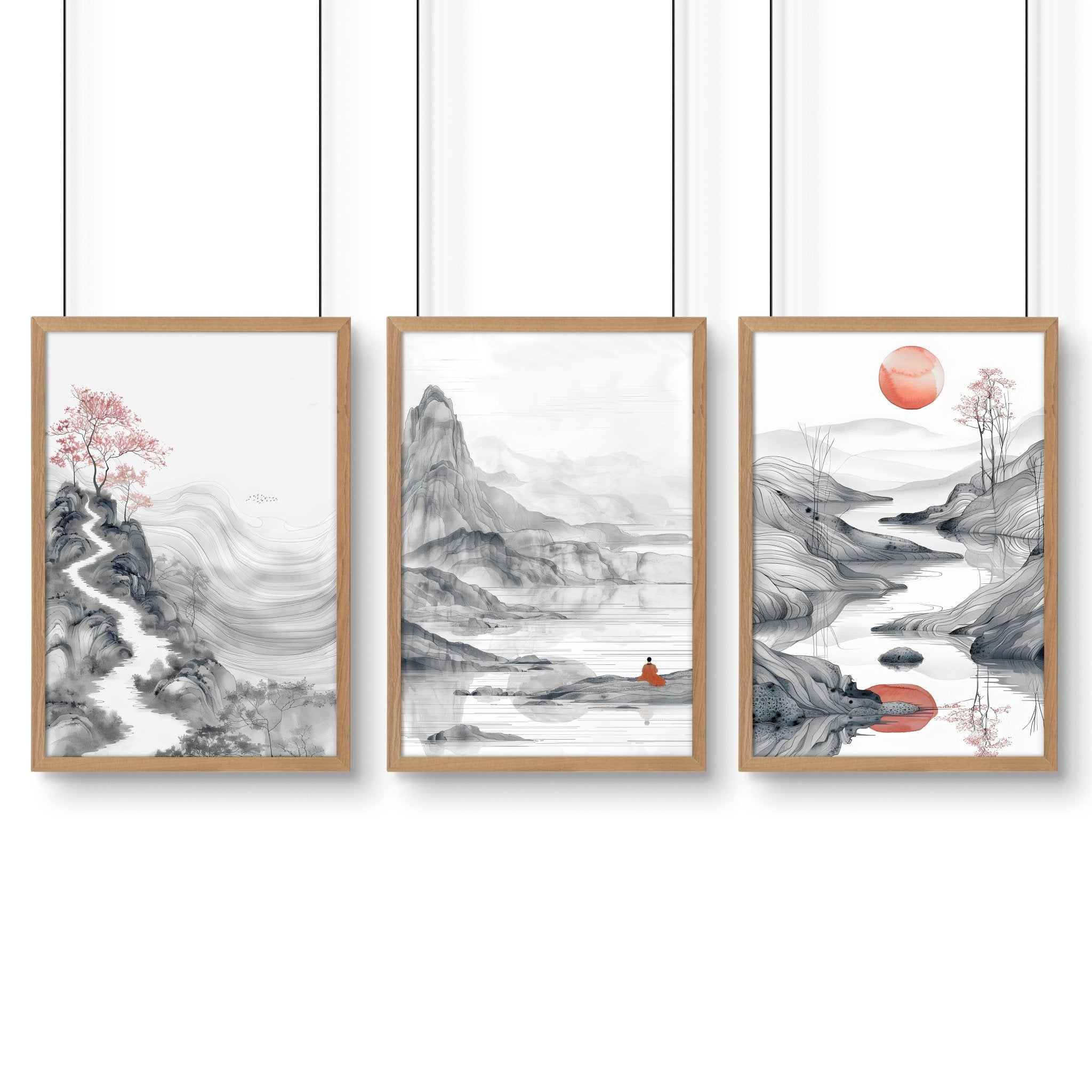 Extra Large Wall Art Framed | Set of 3 Asian Inspired Wall art Prints
