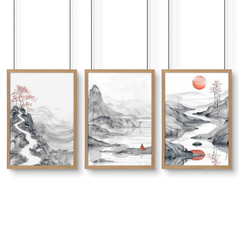 Extra Large Wall Art Framed | Set of 3 Asian Inspired Wall art Prints
