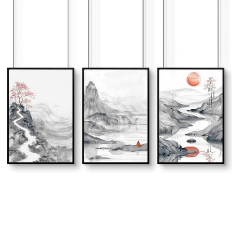 Extra Large Wall Art Framed | Set of 3 Asian Inspired Wall art Prints