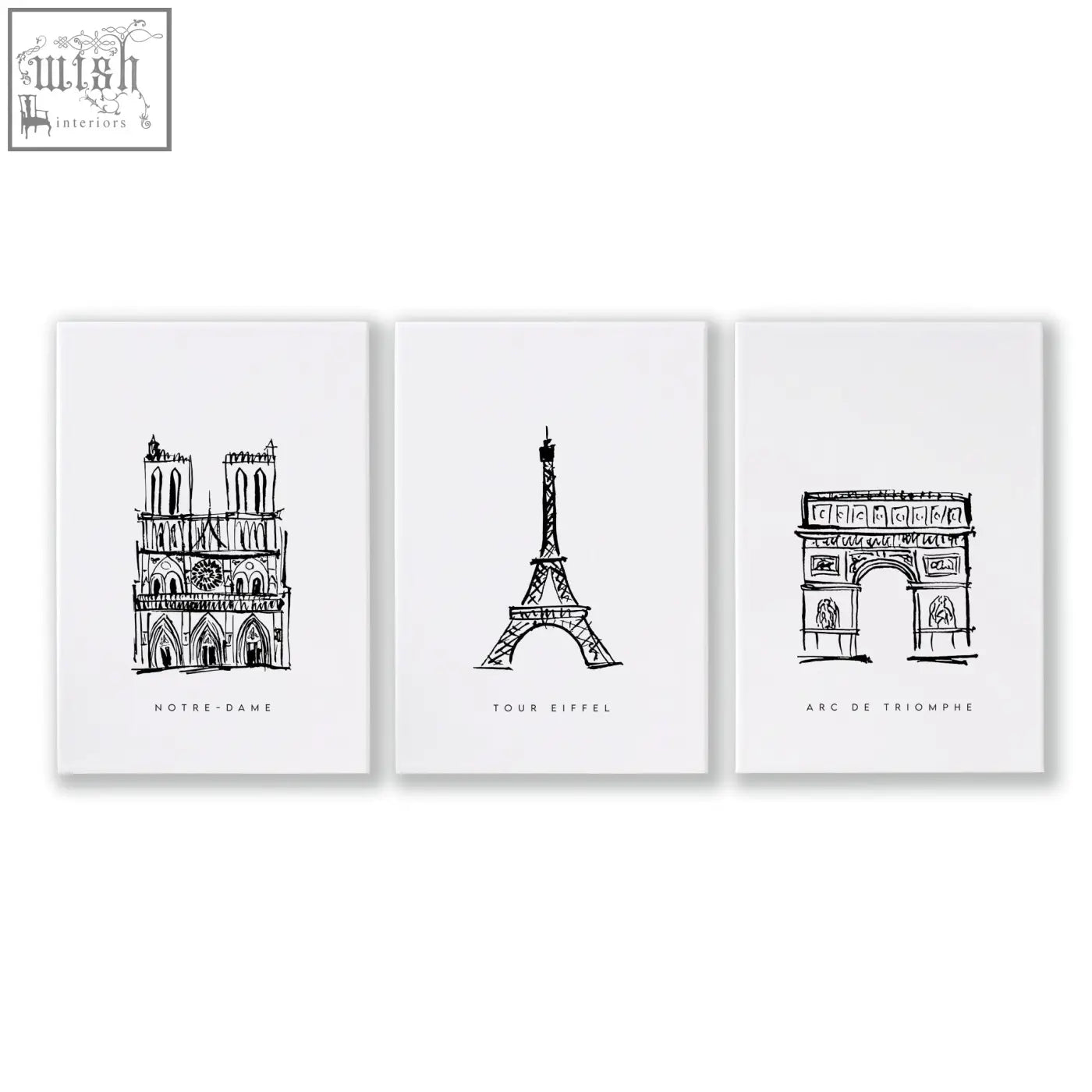 Set of three extra large black and white wall art prints featuring minimalist paris landmarks on white canvas