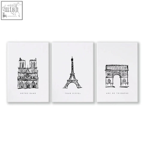 Set of three extra large black and white wall art prints featuring minimalist paris landmarks on white canvas