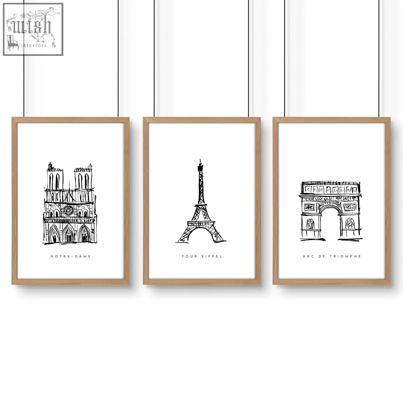 Set of three extra large black and white wall art prints featuring minimalist paris landmarks in modern sketch style
