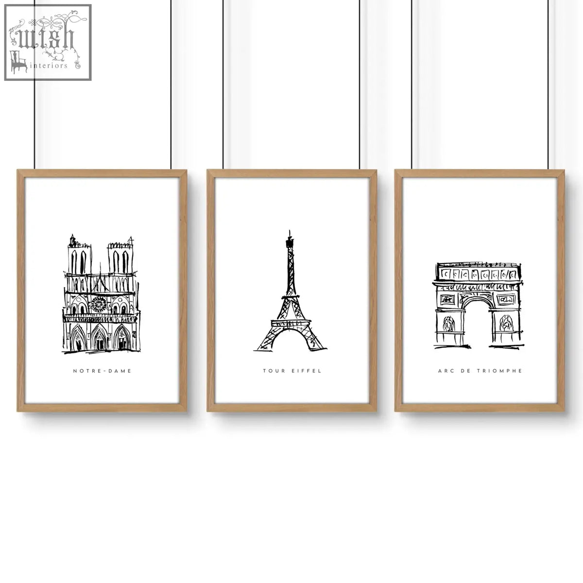 Set of three extra large black and white wall art prints featuring minimalist paris landmarks in modern sketch style