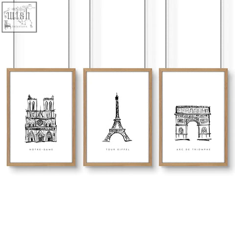 Set of three extra large black and white wall art prints featuring minimalist paris landmarks in modern sketch style