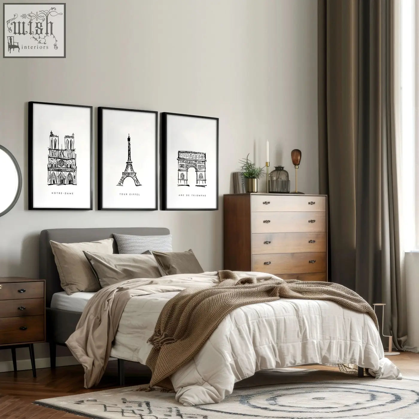 Set of three extra large black-framed paris wall art prints featuring minimalist line art of notre dame eiffel tower and arc de triomphe