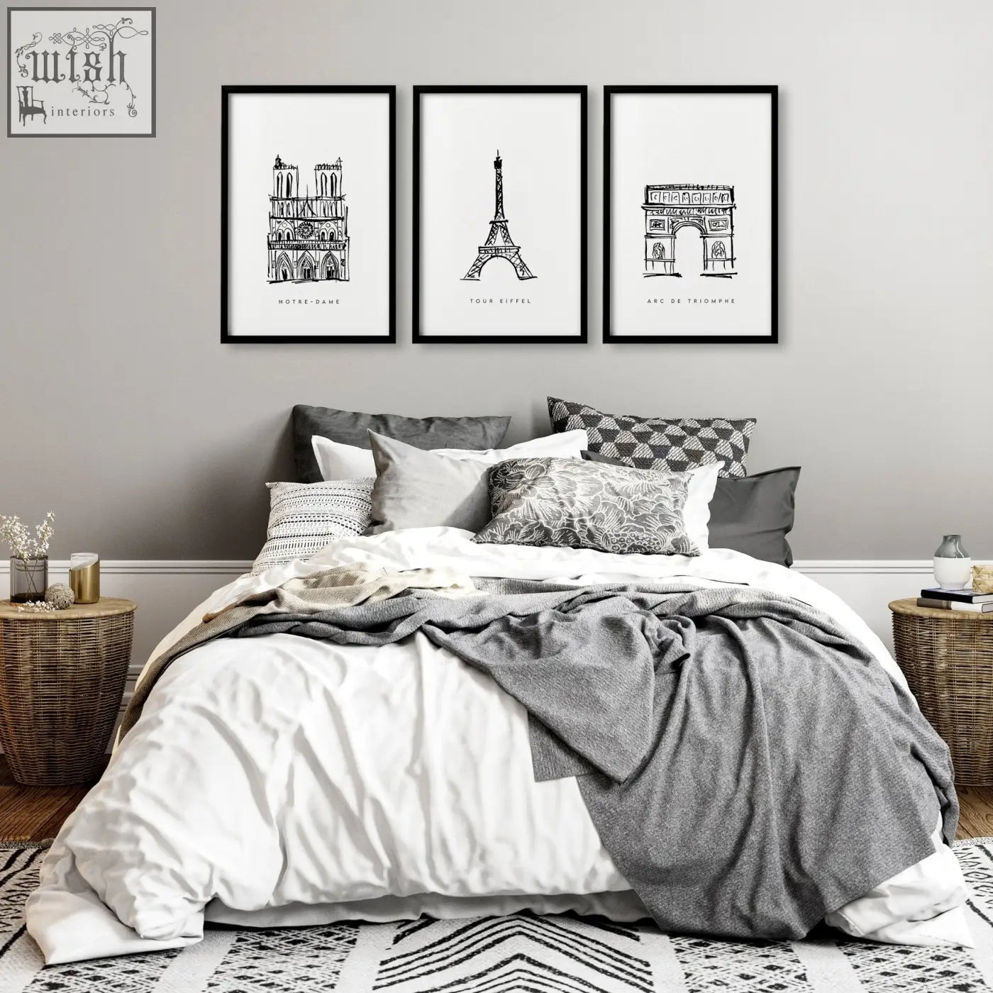Three black-framed minimalist line art prints of notre-dame eiffel tower and arc de triomphe as extra large wall art set