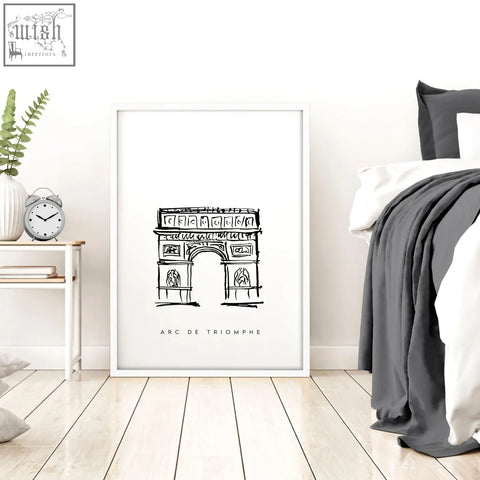 White framed black and white line art print of arc de triomphe extra large wall art from paris landmarks set