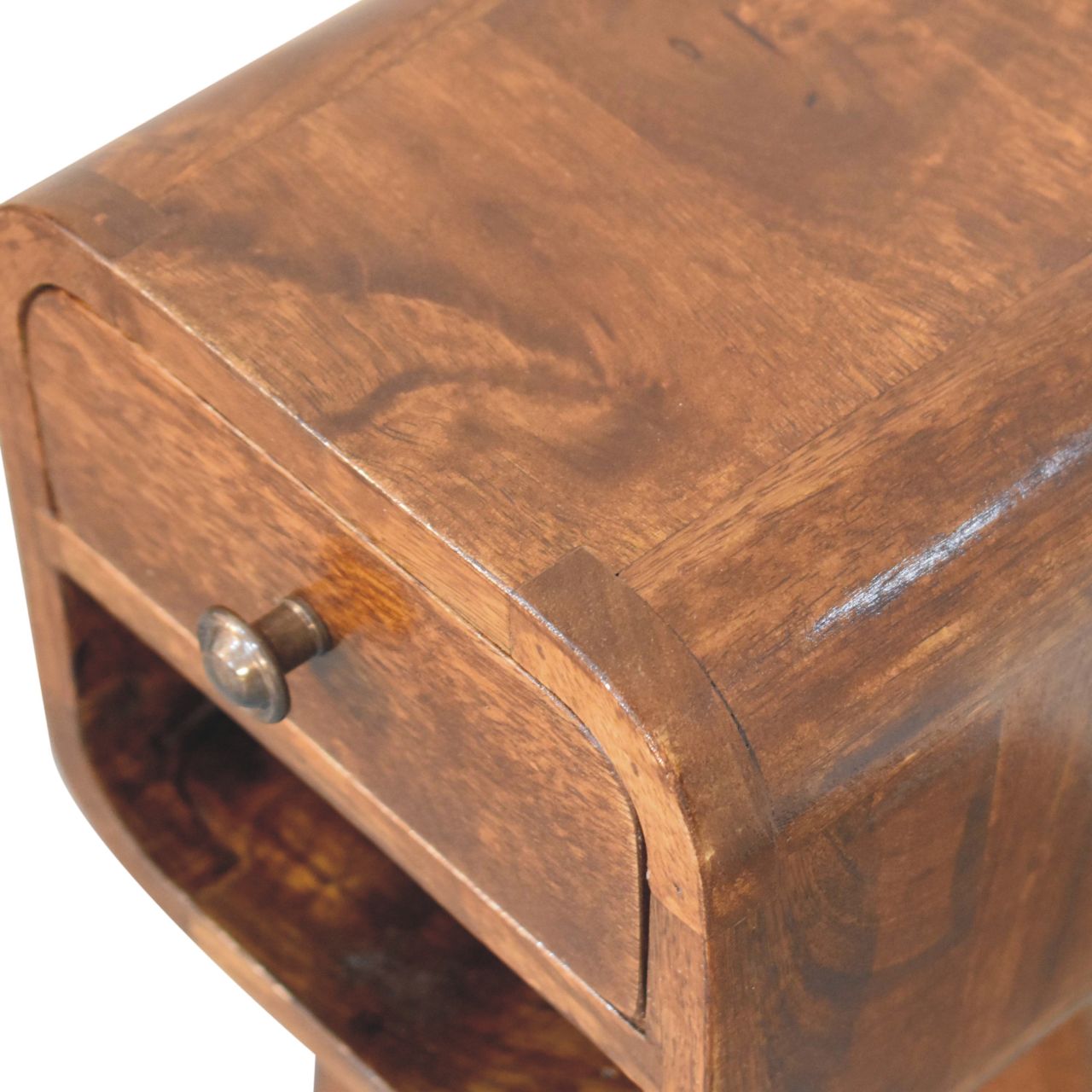 Extra mini chestnut curve lower bedside table wooden nightstand with warm brown finish and visible wood grain