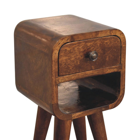 Brown wooden extra mini chestnut curve bedside table with single drawer and three angled legs for small spaces