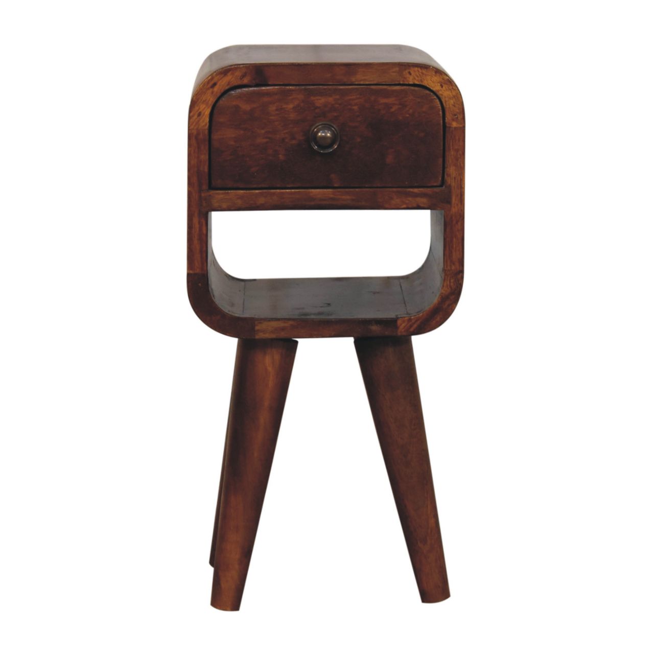 Dark brown wooden extra mini chestnut curve lower bedside table with one drawer and three angled legs