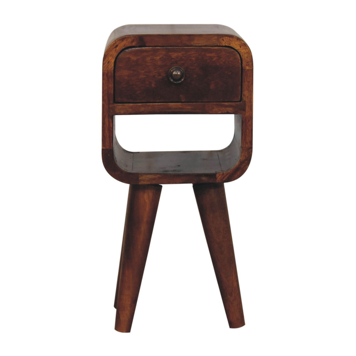 Dark brown wooden extra mini chestnut curve lower bedside table with one drawer and three angled legs