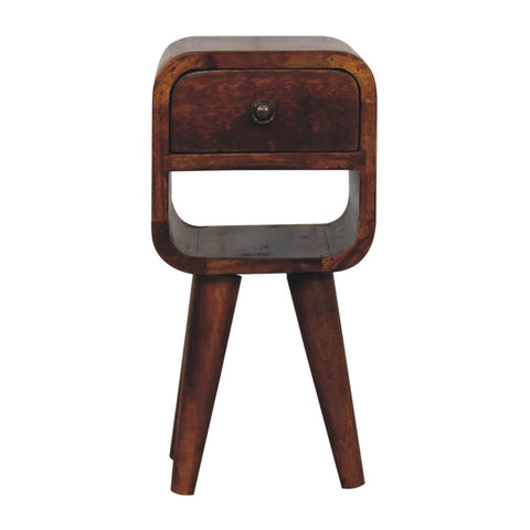 Dark brown wooden extra mini chestnut curve lower bedside table with one drawer and three angled legs