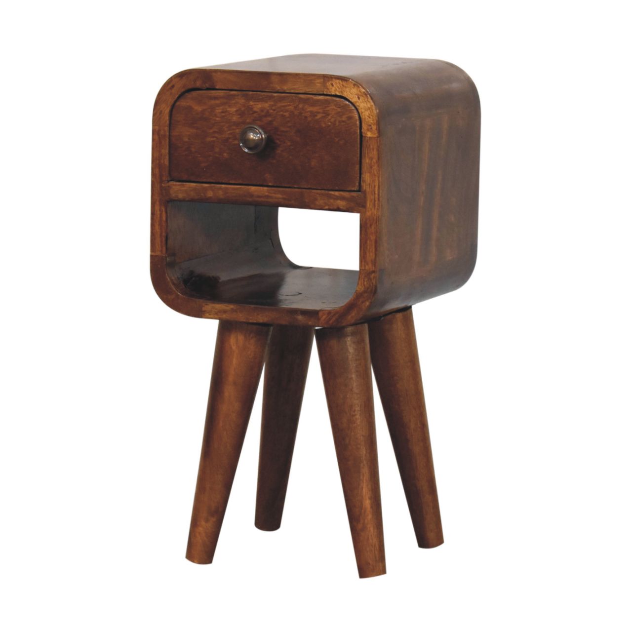 Dark brown wooden nightstand with single drawer and three angled legs extra mini chestnut curve bedside table