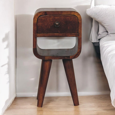 Dark wood extra mini chestnut curve lower bedside table with a single drawer and tapered legs for small spaces