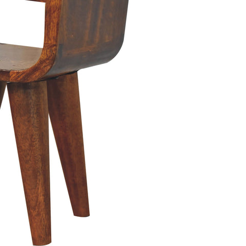 Extra mini chestnut curve lower bedside table with mid-century modern wooden chair in warm brown finish and tapered legs