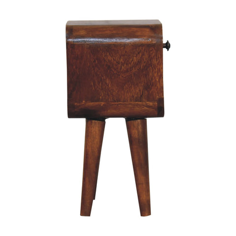 Extra mini chestnut curve lower bedside table with a rustic dark brown wooden finish and three tapered legs