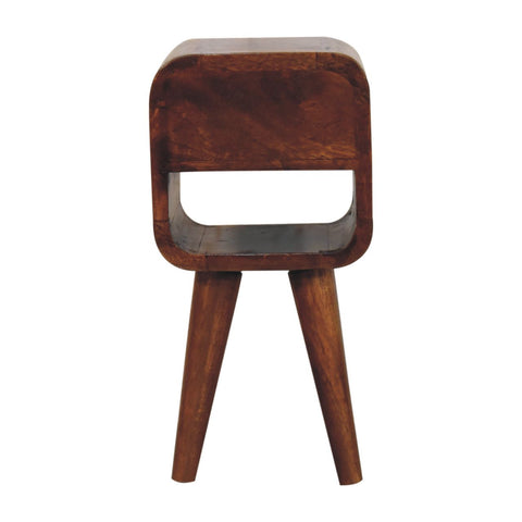 Extra mini chestnut curve lower bedside table in sleek dark brown wood with modern rectangular design and tapered legs