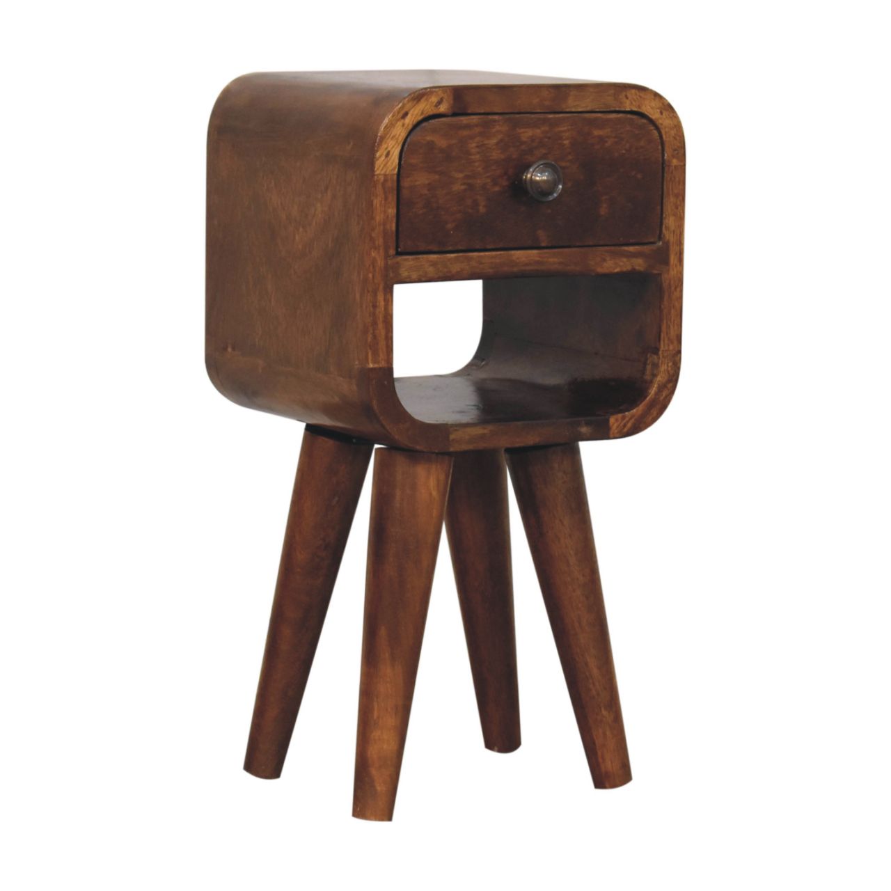 Extra mini chestnut curve lower bedside table in dark brown wood with one drawer and three angled legs